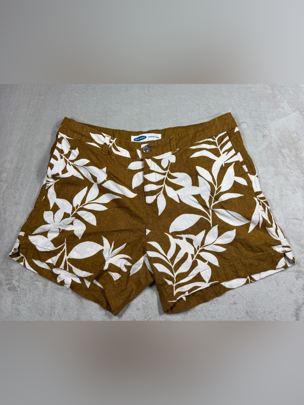 Old Navy Everyday Linen Blend Tropical Floral Leaf Brown Cream Shorts Size 12
